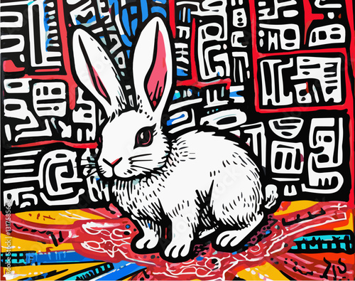 A white rabbit painted on a whimsical intricate background. Vector graphics. EPS.