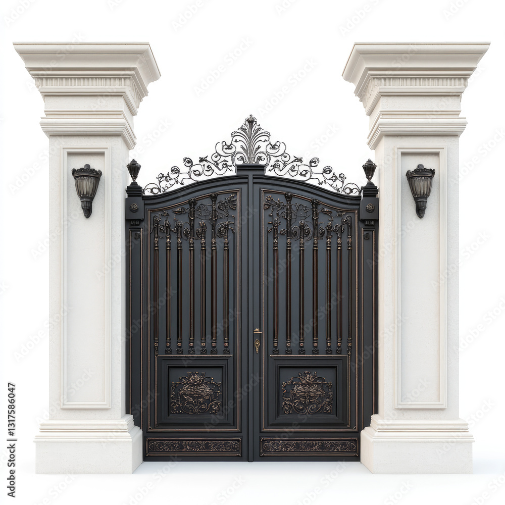 Obraz premium A symmetrical view of an ornate black metal gate between two white pillars