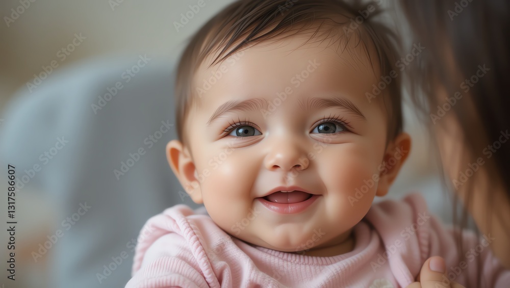 A joyful baby smiles brightly, capturing the essence of innocence and happiness in a warm, loving environment. A joyful baby smiles brightly, capturing the essence of innocence and happiness in a warm, loving environment.