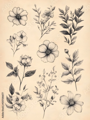 Wallpaper Mural Vintage botanical illustration showcasing various flowers and leaves Torontodigital.ca