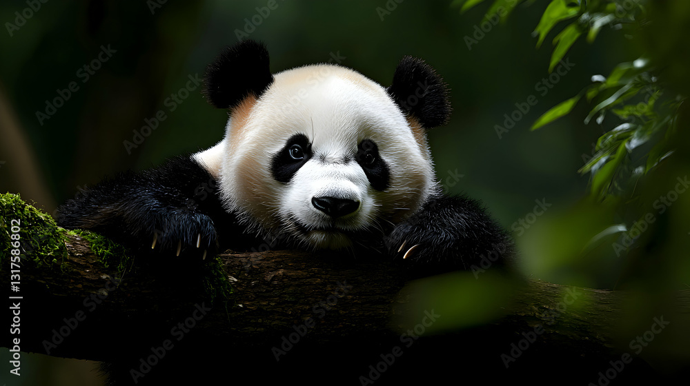 Naklejka premium A Giant Panda Laying Relaxed on a Tree Branch