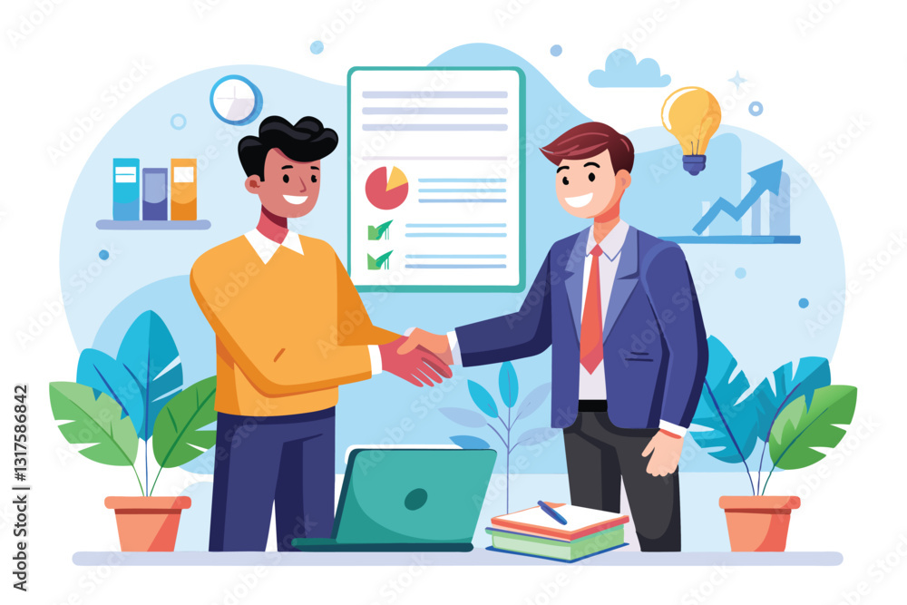 Two business professionals shake hands after finalizing a contract in a modern office environment, Signing contract businessman handshake with client Two business professionals shake hands after finalizing a contract in a modern office environment, Signing contract businessman handshake with client