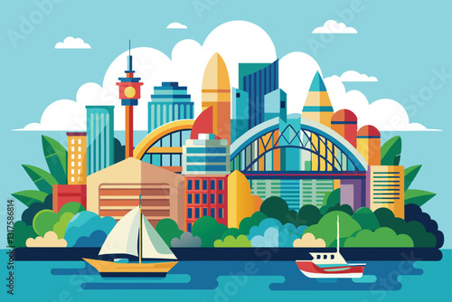 A bright and lively depiction of Sydney's skyline featuring notable buildings and boats on calm water, Sidney Customizable Semi Flat Illustration