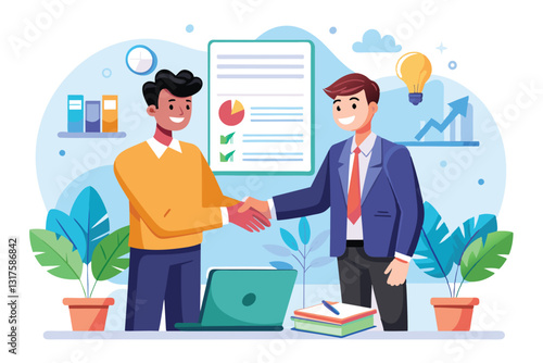 Two business professionals shake hands after finalizing a contract in a modern office environment, Signing contract businessman handshake with client