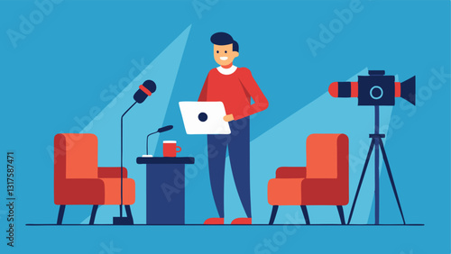 Interview Setup A scene featuring a producer preparing an interview arranging microphones and adjusting seating to create a comfortable environment for the guests.