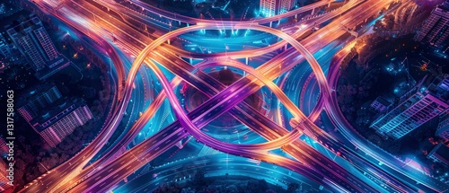 Aerial view of a vibrant urban highway interchange illuminated at night with colorful lights (1)