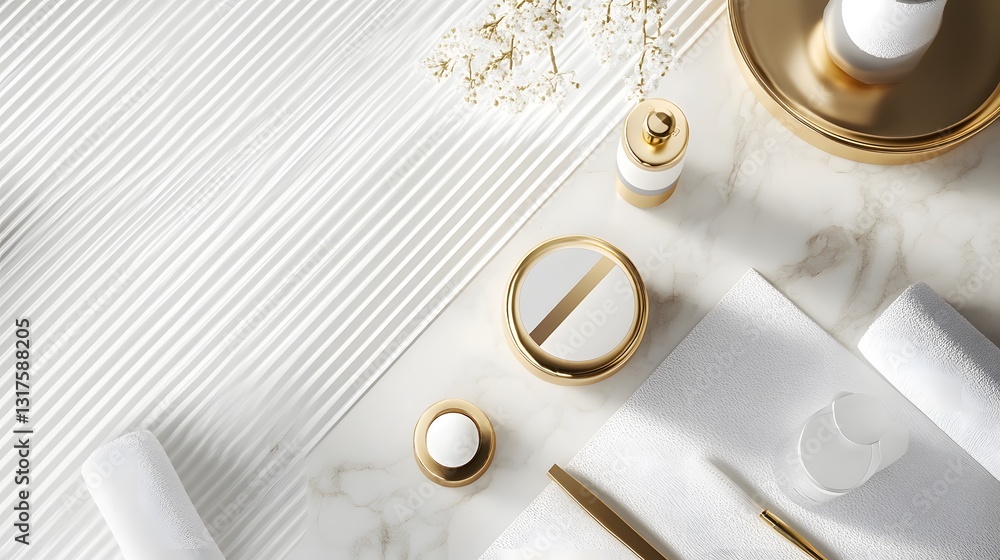 an elegant display of beauty products. The arrangement features golden accents, creating a sense of luxury and sophistication an elegant display of beauty products. The arrangement features golden accents, creating a sense of luxury and sophistication