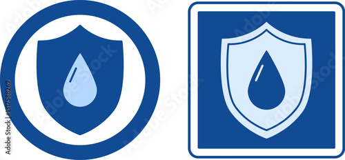 Blue Leak Proof Labels. Vector Icons. Shield and Water Drop. Waterproof Material, Water Resistant. Product Packaging Design Element