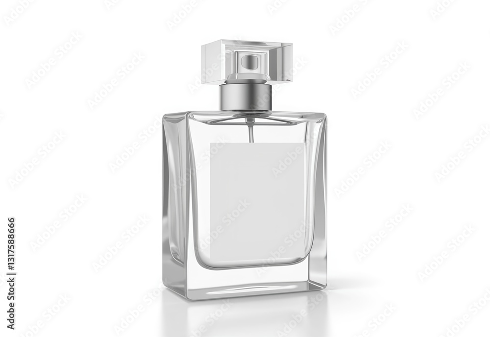 Glass perfume bottle with an empty label for branding, isolated on white background Glass perfume bottle with an empty label for branding, isolated on white background