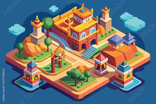 This artwork displays a detailed isometric map of iconic structures on the Silk Road, emphasizing its rich history, Silk road Customizable Isometric Illustration