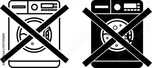 No Machine Washing Icons. Black and White Vector Illustrations. Machine Washing Delicate Clothes Prohibited. Sticker, Label. Material Characteristics Concept