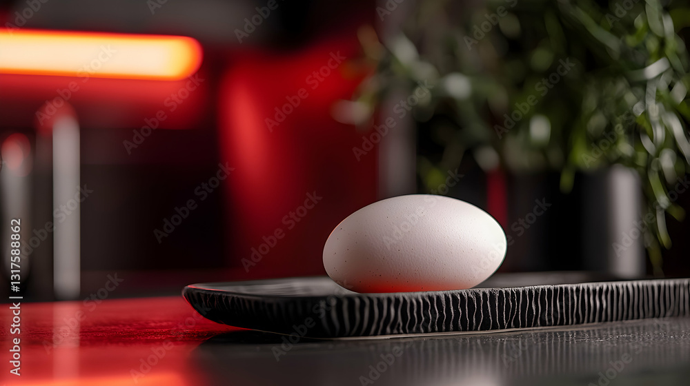 A White Egg Resting Delicately On A Decorative Black Plate A White Egg Resting Delicately On A Decorative Black Plate