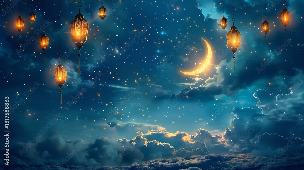 Enchanting celestial scene with a golden crescent moon and floating lanterns Enchanting celestial scene with a golden crescent moon and floating lanterns