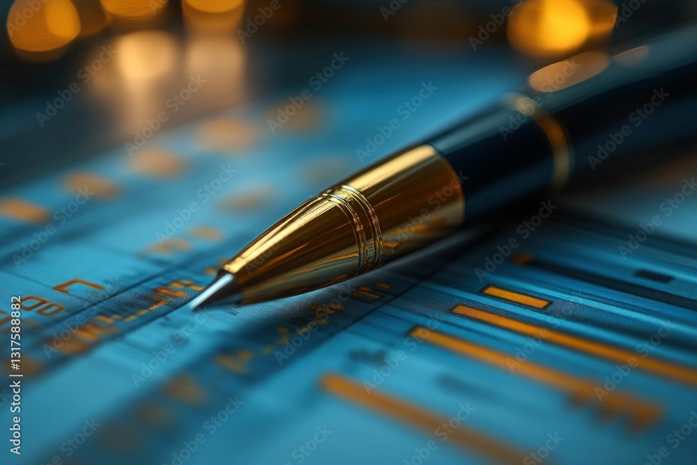 Elegant pen rests on teal financial charts. Elegant pen rests on teal financial charts.