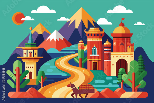 Explore a colorful landscape featuring iconic architecture along the Silk Road, with mountains and greenery, Silk road Customizable Semi Flat Illustration