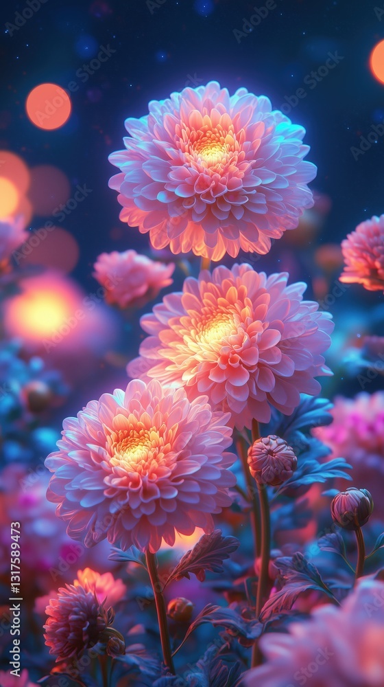 pink large chrysanthemums, glowing with neon lights. atmosphere of good night pink large chrysanthemums, glowing with neon lights. atmosphere of good night