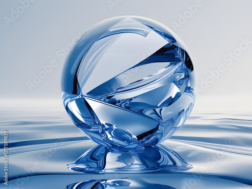 crystal globe in water. 3d render of surreal panoramic background. Abstract minimal wallpaper of fantastic landscape with glass eroded sphere, hills and reflection in glass globe on blue background.