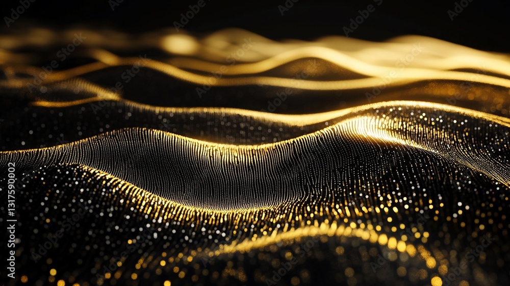 Abstract Golden Waves Digital Art: Luxurious Texture and Glowing Particles Background