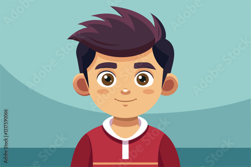 A young boy with a friendly smile and trendy hairstyle stands against a simple background, inviting creativity, Singles Customizable Cartoon Illustration