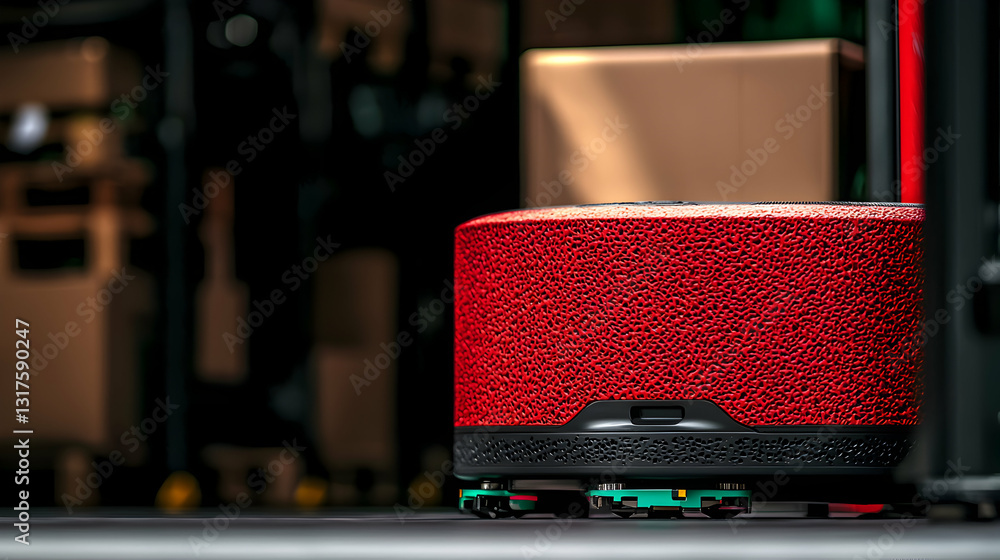 A red robotic device is in a warehouse environment