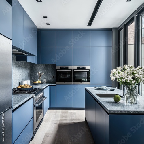 Modern kitchen design with blue cabinets and stainless steel appliances