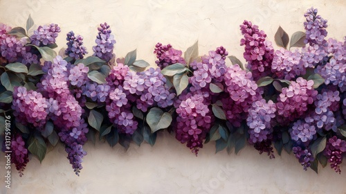 Purple and violet lilac flowers blooming on wall