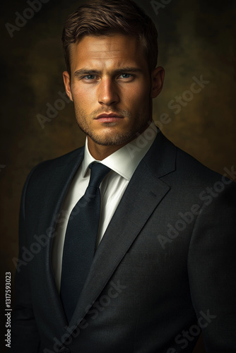 A well-dressed man in a formal black suit and tie, exuding confidence and professionalism. His strong expression and clean-cut appearance add to his sophisticated charm.

