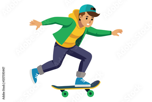 A young skateboarder is showcasing tricks while skating in a minimalistic white setting, Skateboarder . isolated white background