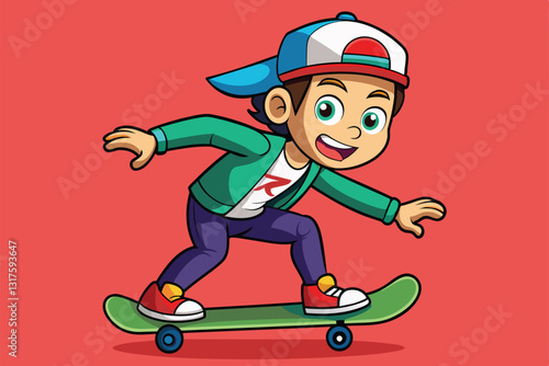 A young cartoon character rides a skateboard energetically, showcasing enthusiasm and skill in a bright background, Skateboarding Customizable Cartoon Illustration