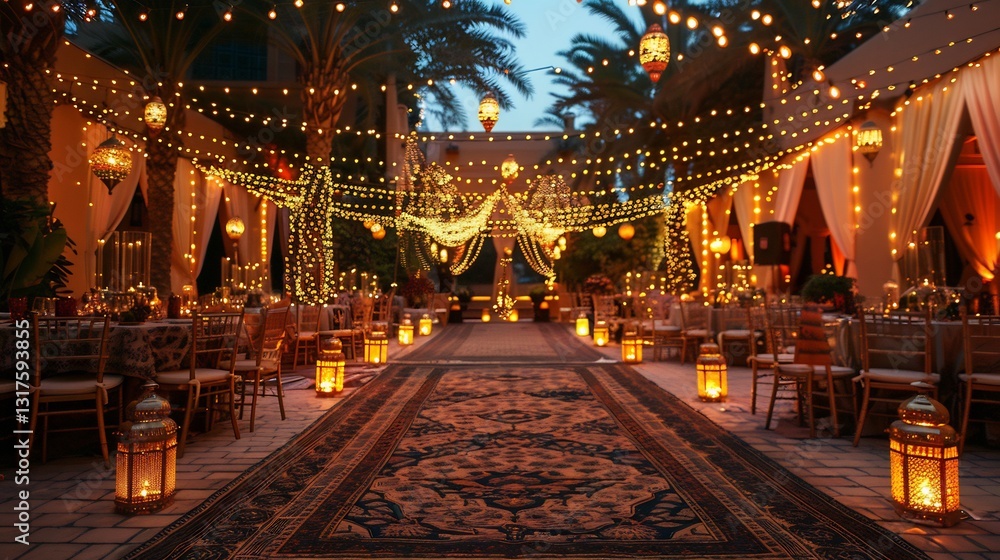 Obraz premium Eid celebration under fairy lights A beautifully decorated outdoor gathering space