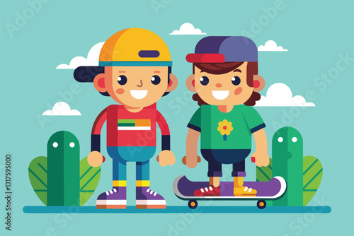 Two friends ride skateboards together, smiling and having fun in a vibrant park setting, Skate buddies Customizable Flat Illustration