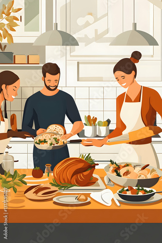 Modern kitchen Thanksgiving preparations - Happy people cooking festive feast for holiday celebration
