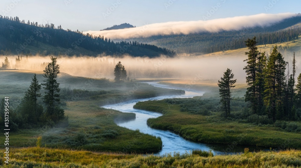 Fototapeta premium Serene River Flowing Through Misty Valley at Sunrise in Nature