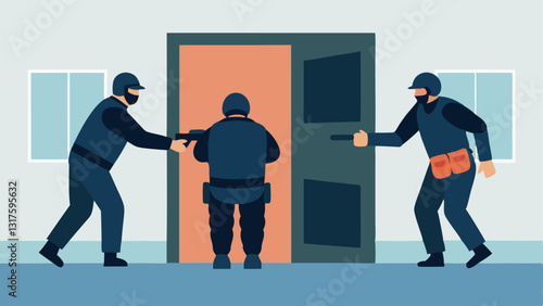 Team Extraction Two SWAT officers assisting a civilian out of the building ensuring their safety while remaining vigilant.