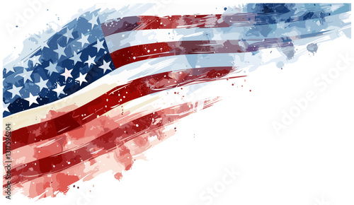 USA flag watercolor vector illustration, American flag on white background with copy space, patriotic design, flag artwork, vector USA, national symbol, red white blue, America pride