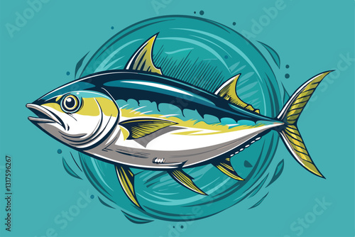 A vibrant sketch showcases a sea tuna swimming in a clear turquoise ocean, highlighting its features, Sketch with sea tuna set,
