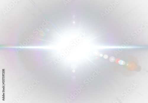 Intense lens flare effect with white light source at the centre emitting radiant beams, spectral rainbow halos on transparent background