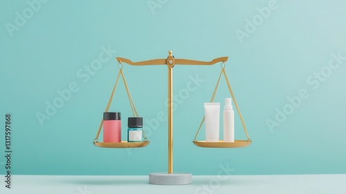 Wallpaper Mural A balanced scale displays cosmetic products on either side, emphasizing equality and choice against a soft teal background. Torontodigital.ca