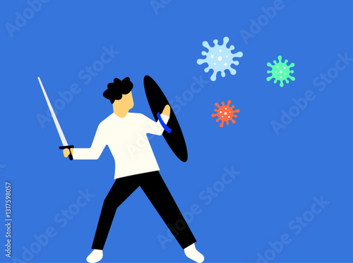 Person fighting against germs with sword illustration