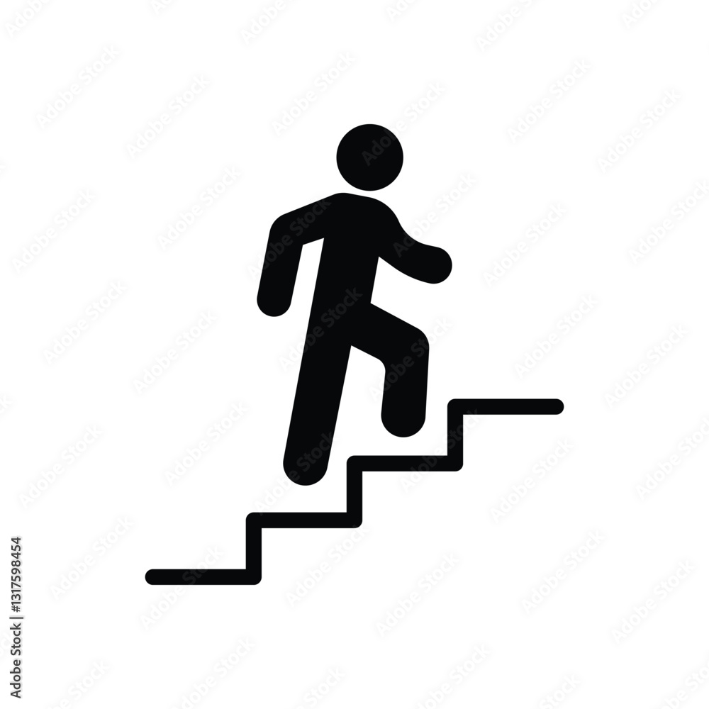 Stairs icon. Walking up staircase or stairs sign flat vector icon for apps and print. Man climbing stairs. Black silhouette. Vector illustration.