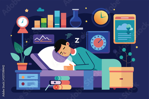 A person sleeps peacefully in a well-organized bedroom, surrounded by various sleep analysis tools, Sleep analysis Customizable Disproportionate Illustration