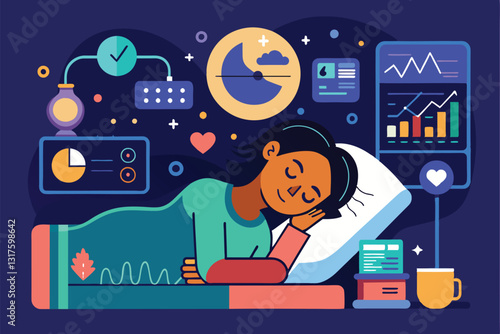 A woman peacefully sleeps in a bright room surrounded by customizable sleep analysis data and charts, Sleep analysis Customizable Disproportionate Illustration
