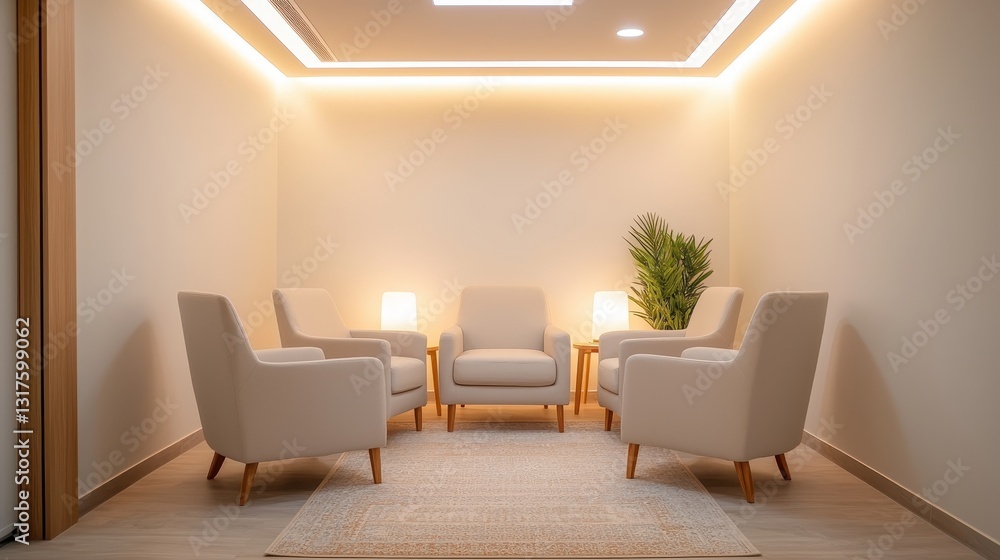 Fototapeta premium A serene interior space featuring four comfortable chairs, a central light, and a plant, creating a calming atmosphere.