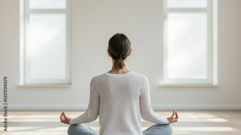 A serene scene featuring a woman meditating in a bright, minimalist space, promoting tranquility and mindfulness. A serene scene featuring a woman meditating in a bright, minimalist space, promoting tranquility and mindfulness.