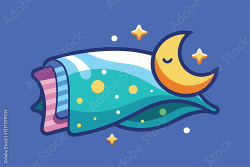 A cozy blanket, moon, and stars create a dreamy atmosphere evoking peaceful sleep and comfort, Sleep fabric icon illustration