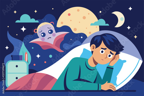 A person lies in bed, unable to sleep, looking worried as dark thoughts and nightmares loom above them, Sleeping and insomnia,