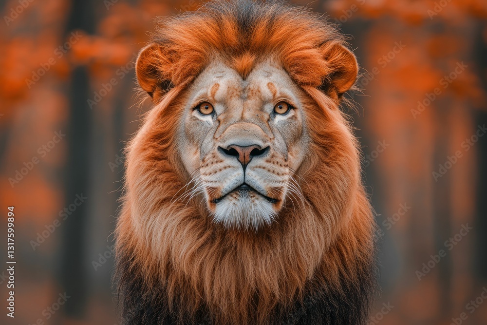 Fototapeta premium Majestic lion portrait, fiery mane, intense gaze.
