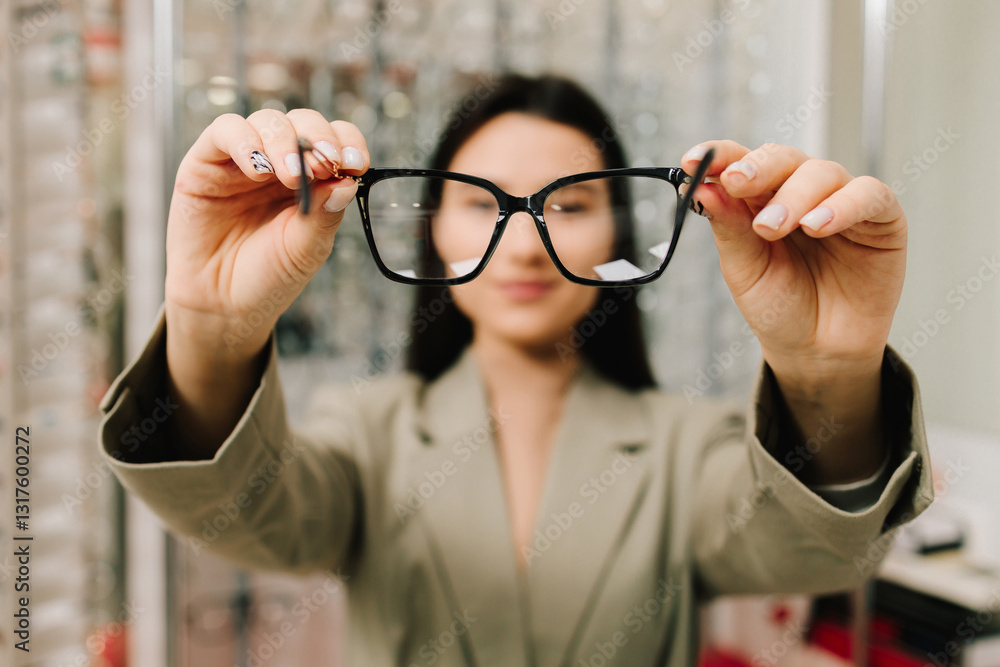 Eyesight correction. Stand of eyeglasses with different frames in the optical store. Customer chooses eyeglasses with clear lenses from the shelf. Eyesight correction. Stand of eyeglasses with different frames in the optical store. Customer chooses eyeglasses with clear lenses from the shelf.