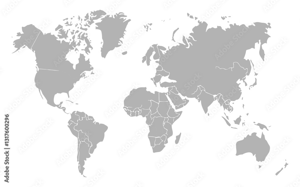 A world map with the continents of Africa, Europe, Asia, and America. The map is gray and white A world map with the continents of Africa, Europe, Asia, and America. The map is gray and white