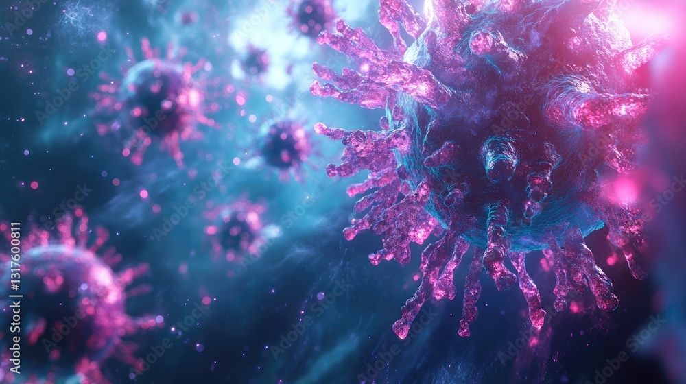 Fototapeta premium Close-up view of vibrant, colorful viruses floating in a cosmic environment with swirling nebulas in the background